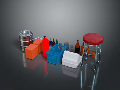 Food Storage Containers With Metal Bucket Red Brown Bottles Plastic Crate And Foam Box 3d model