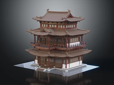 Ancient Chinese Architecture Three Story Wooden Structure With Traditional Roof And Overhanging Eaves 3d model