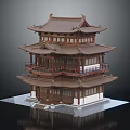 Ancient Chinese Architecture Three Story Wooden Structure With Traditional Roof And Overhanging Eaves