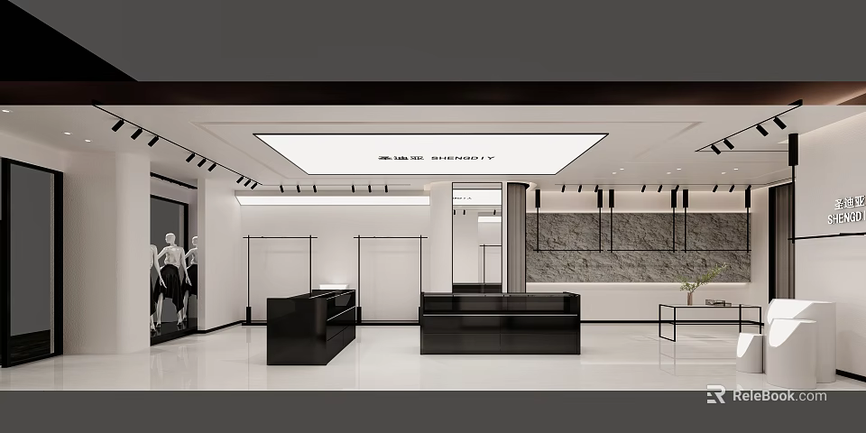 Modern Clothing Store Interior Design With Display Racks Cashier Counter And Mannequin 3d model 