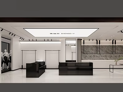 Modern Clothing Store Interior Design With Display Racks Cashier Counter And Mannequin 3d model