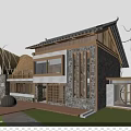 Traditional Modern Guesthouse Building With Sloped Roof Stone Wood Walls And Wooden Terrace Garden