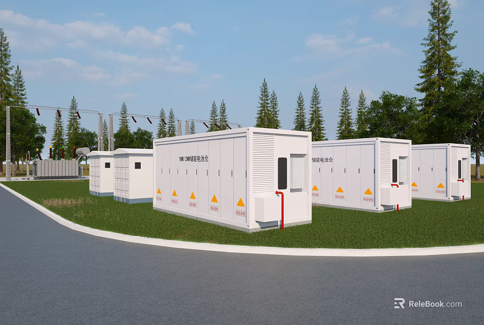 Outdoor Charging Station With Multiple White Units Yellow Warning Signs And Roadside Green Grass Trees 3d model 