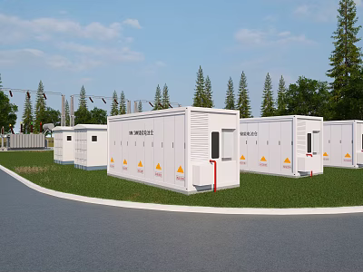 Outdoor Charging Station With Multiple White Units Yellow Warning Signs And Roadside Green Grass Trees 3d model