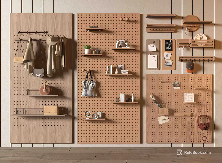 Functional Modern Wall Decor With Wooden Perforated Boards Shelves Hooks And Decor Items 3d model 