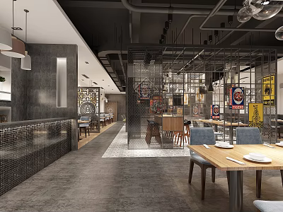 Modern Industrial Restaurant Interior Design With Dining Tables Chairs Hanging Lights And Decorative Partitions 3d model