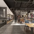 Modern Industrial Restaurant Interior Design With Dining Tables Chairs Hanging Lights And Decorative Partitions