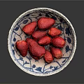 Fresh Ripe Plump Strawberries Served in Blue and White Patterned Bowl on Dark Background