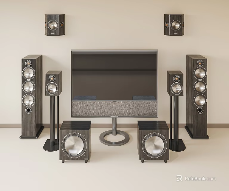Modern Home Theater TV Setup With Surround Speakers And Subwoofers 3d model 