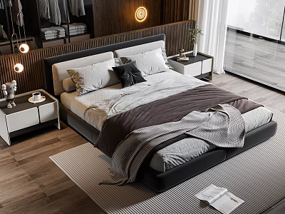 Modern Double Bed With Wooden Headboard Bedside Tables And Soft Bedding 3d model