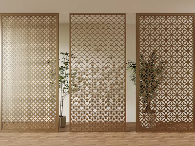 Golden Intricate Cutout Patterns Room Divider with Potted Plants and Wooden Floor 3d model