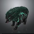 Mystical Bear With Vibrant Green Fur And Black Glowing Patterns In Dark Setting