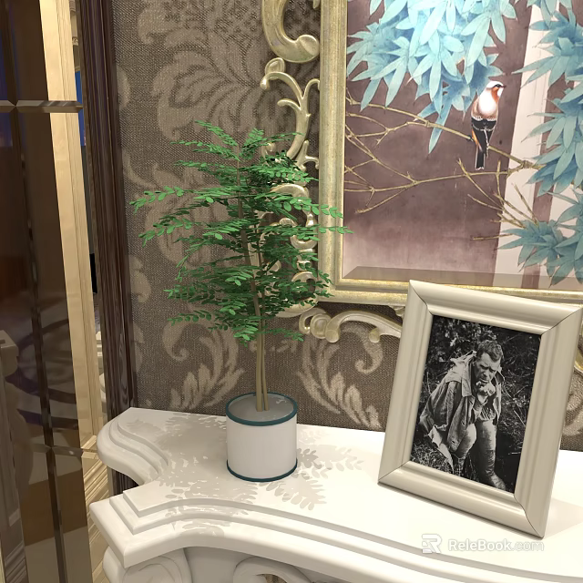 Elegant Bonsai Potted Plant on White Table with Patterned Wallpaper and Decorative Picture Frame 3d model 