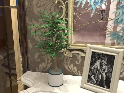 Elegant Bonsai Potted Plant on White Table with Patterned Wallpaper and Decorative Picture Frame 3d model