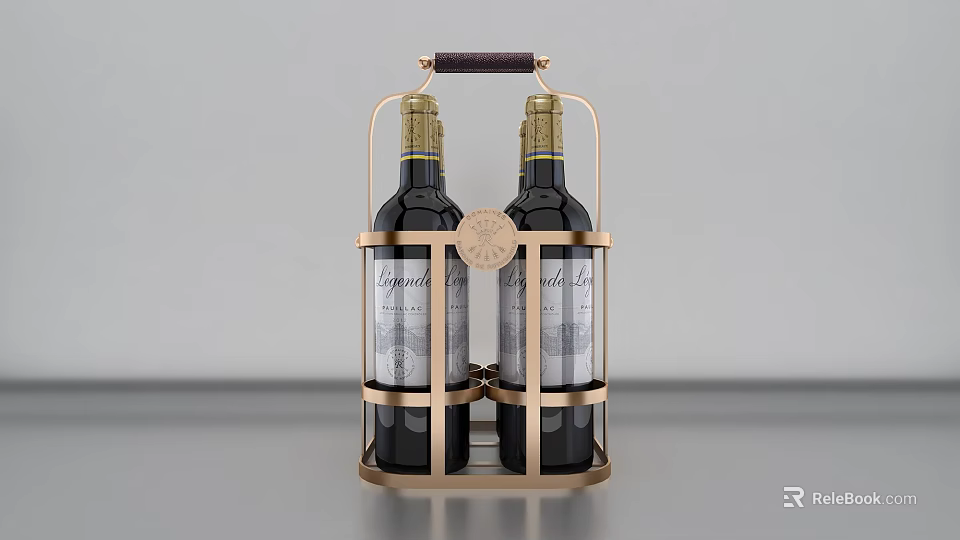 Two Elegant Wine Bottles in Gold Metal Rack with Brown Leather Handle and Château Labels 3d model 