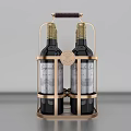 Two Elegant Wine Bottles in Gold Metal Rack with Brown Leather Handle and Château Labels