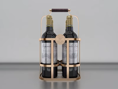 Two Elegant Wine Bottles in Gold Metal Rack with Brown Leather Handle and Château Labels 3d model