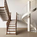Modern Spiral Staircase With White Column Glass Railing And Wooden Stairs Interior
