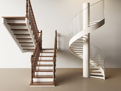 Modern revolving stairs wooden handrail stairs glass stairs steps rungs 3d model