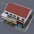 Traditional Building With Red Roof White Walls Blue Door Green Plants Purple Flowers And Tree