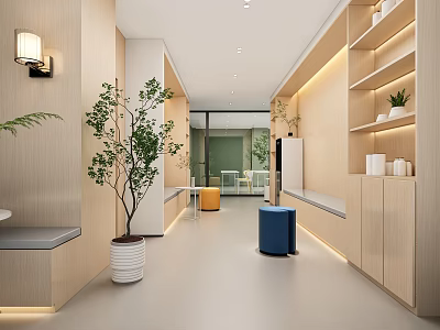 Modern School Hallway With Wooden Decor Plants Seating And Lighting 3d model