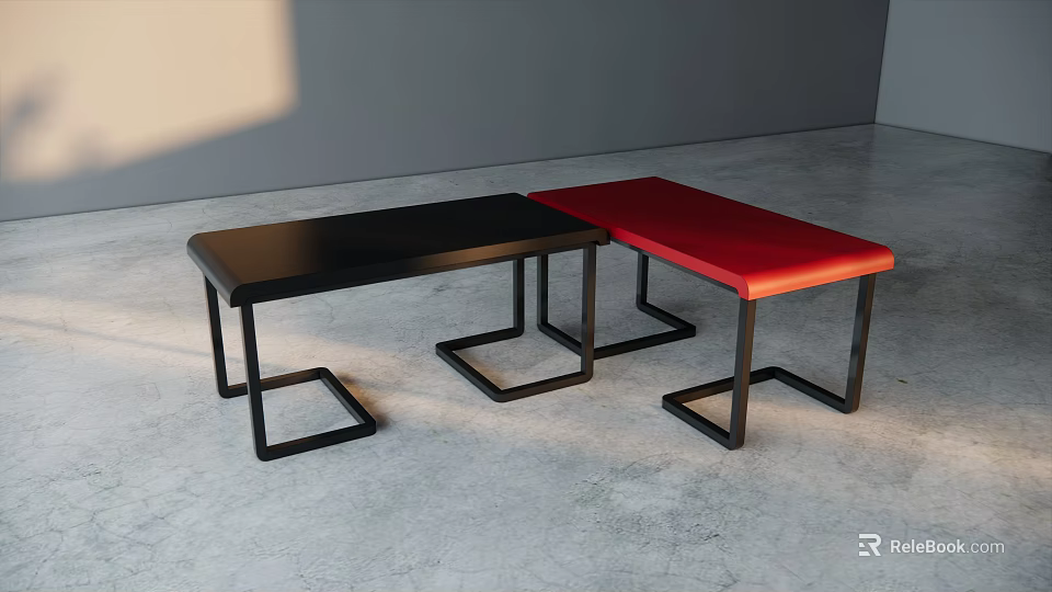 Modern Display Shelves With Black Red Surfaces And Sturdy Metal Frames 3d model