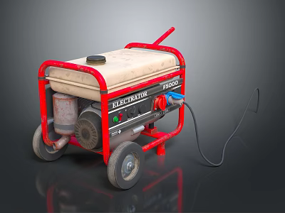 Portable Generator With Red Frame Wheels And Connected Power Cable 3d model