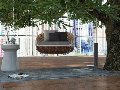 Rattan Hanging Chair With Cushions Hanging On Tree Under Green Leaves Patio City View 3d model