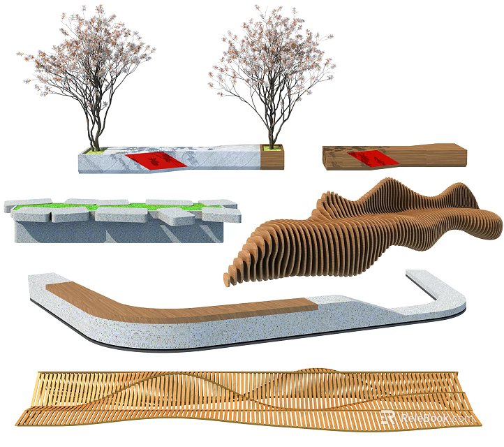 Outdoor Chair Designs With Wavy Wooden And Stone Structures And Trees 3d model 