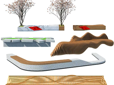 Outdoor Chair Designs With Wavy Wooden And Stone Structures And Trees 3d model