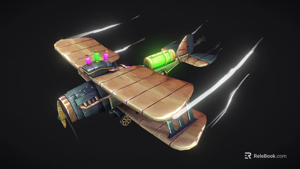 Cartoon Fighter Jet With Wooden Wings Green Engine Purple Pink Lights Flying With Speed Lines 3d model 