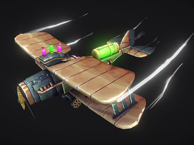 Cartoon Fighter Jet With Wooden Wings Green Engine Purple Pink Lights Flying With Speed Lines 3d model