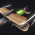 Cartoon Fighter Jet With Wooden Wings Green Engine Purple Pink Lights Flying With Speed Lines