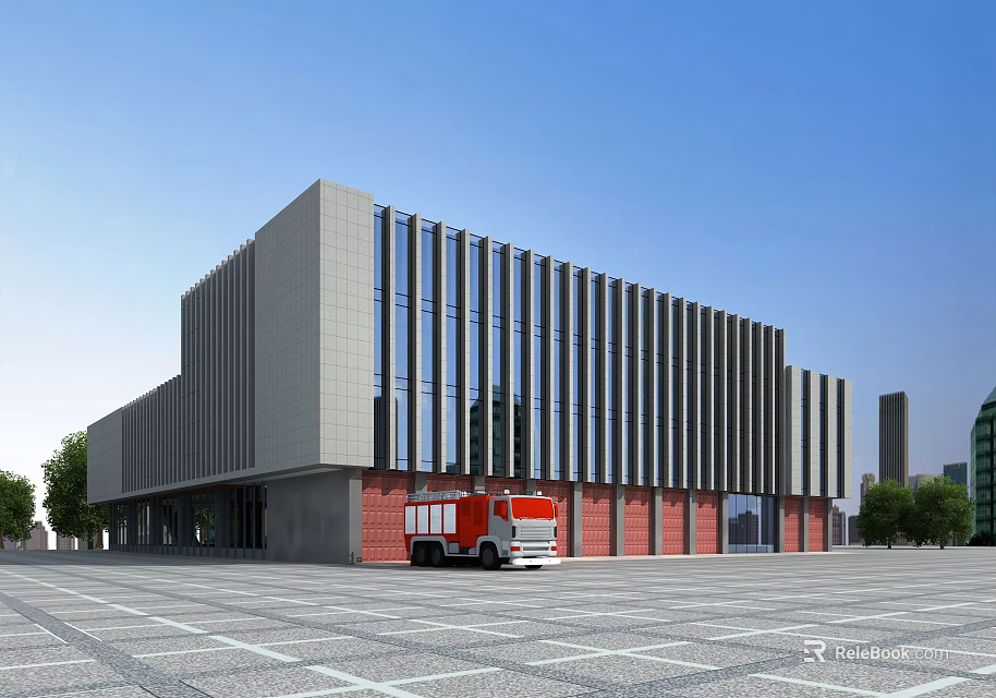 Modern Office Building Exterior Design With Gray Red Facade And Glass Windows 3d model 