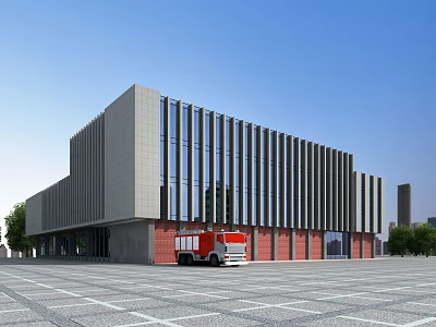 Modern Office Building Exterior Design With Gray Red Facade And Glass Windows 3d model