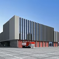 Modern Office Building Exterior Design With Gray Red Facade And Glass Windows