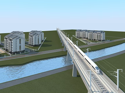 High-speed Train Moving On Bridge Along River With Residential Buildings And Green Grass 3d model