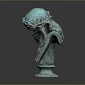 Green Bust Sculpture with Crown of Thorns Long Hair Bowed Head on Circular Pedestal