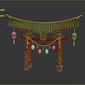 Traditional Japanese Torii Gate With Green Roof Red Pillars And Hanging Lanterns
