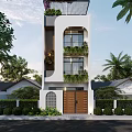 Modern White Detached Villa Exterior With Balconies Greenery And Wooden Door