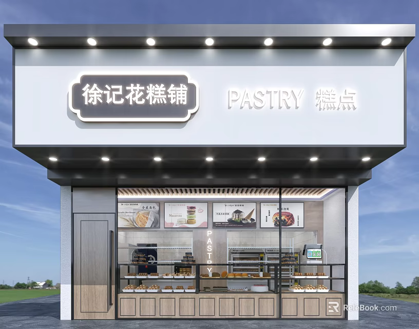Modern Pastry Shop Storefront Design With Glass Display Windows And Fresh Pastry Counters 3d model 