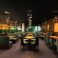 Elegant Restaurant Interior With Wooden Wall Decor Frames Dining Table Green Chairs And Pendant Lights