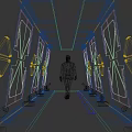 Futuristic Corridor With Geometric LED Lights And Man In Suit Walking