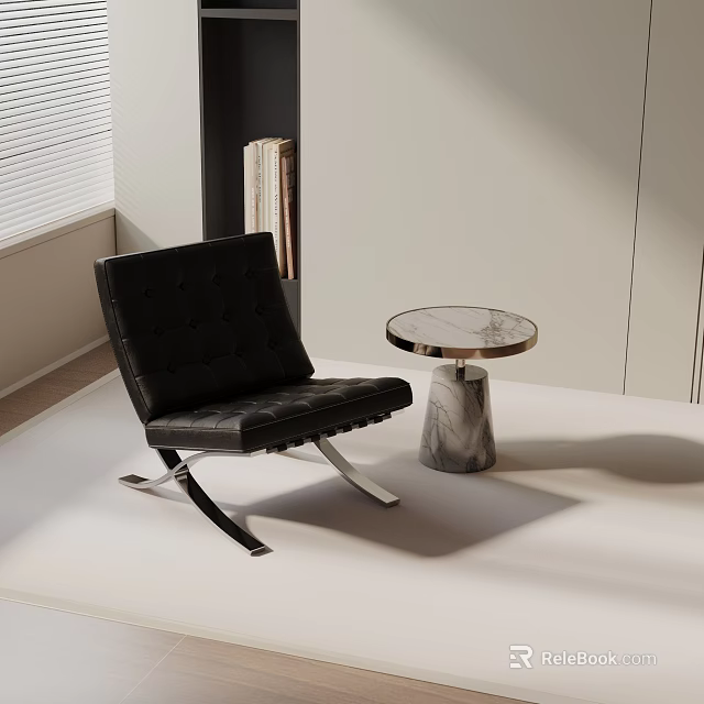 Black Leather Leisure Chair With Chrome Legs And Round Marble Side Table 3d model 
