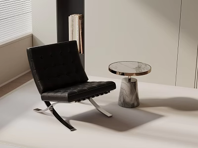Black Leather Leisure Chair With Chrome Legs And Round Marble Side Table 3d model