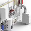 Industrial Piping And Mechanical Equipment Setup With Red Fire Extinguisher White Water Tank And Valves