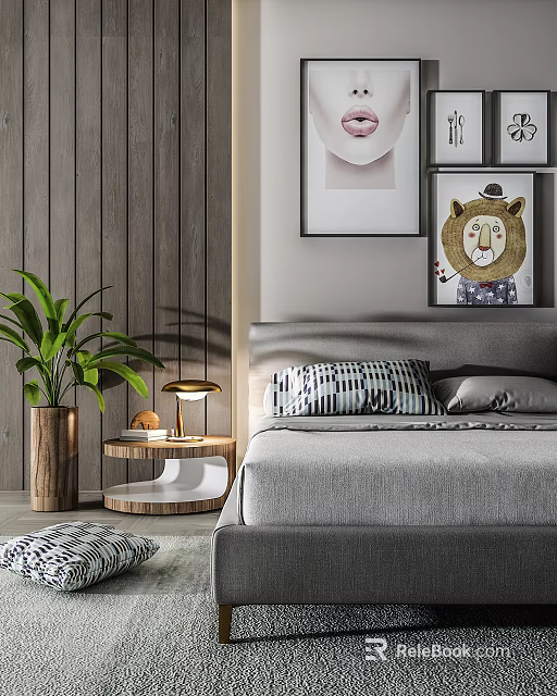 Modern Double Bed Interior with Wooden Wall Art Green Plant Nightstand Lamp and Gray Bedding 3d model 