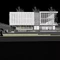 Modern Sales Office Building Exterior Featuring Glass Curtain Wall Landscaping And Orange Feature Sphere