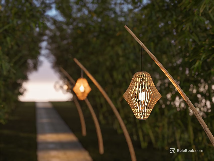 Outdoor Hexagonal Lights With Bamboo Poles For Natural Pathway Illumination 3d model 