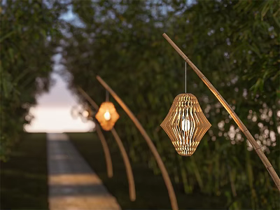 Outdoor Hexagonal Lights With Bamboo Poles For Natural Pathway Illumination 3d model